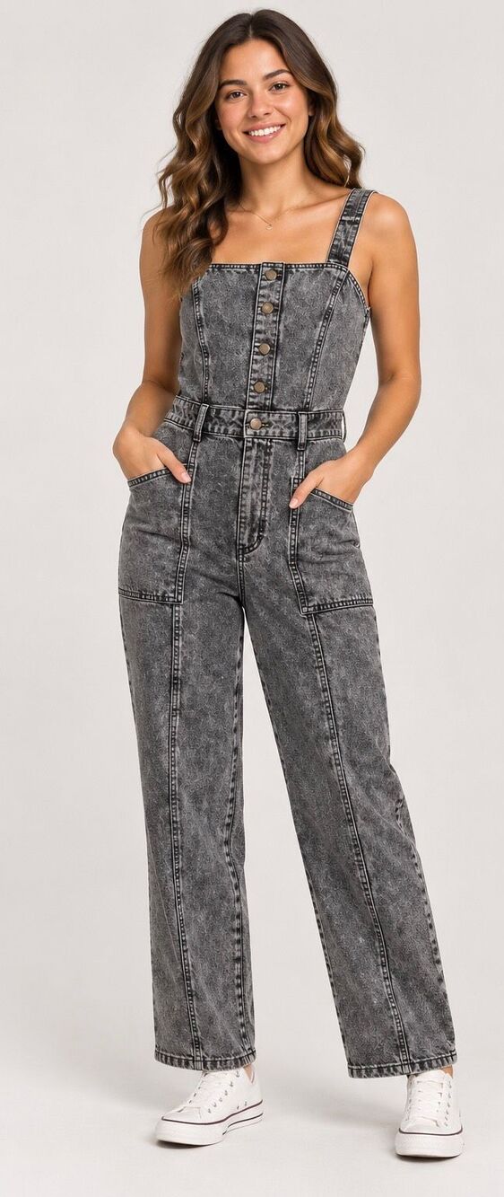 Universal Thread Black Gray Acid Wash Denim Button Front Utility Jumpsuit Size 8